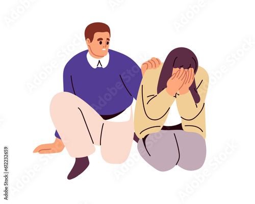 Man comforting, supporting sad crying woman. Depressed unhappy desperate person sobbing, weeping in bad whiny mood, despair, grief and sorrow. Flat vector illustration isolated on white background