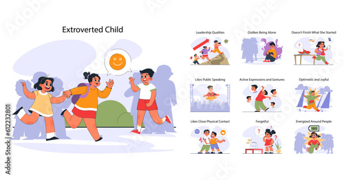Child with extroverted individuality set. Joyful little kid enjoying