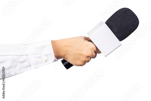 Close up Reporter Hand, Hand Holding Microphone for speech or interview on Isolate on white background PNG File.