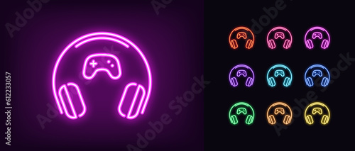 Outline neon gaming headphones icon set. Glowing neon wifi headset with gamepad sign, wireless headphones for play games. Portable wifi earphones for esport gamers and game station