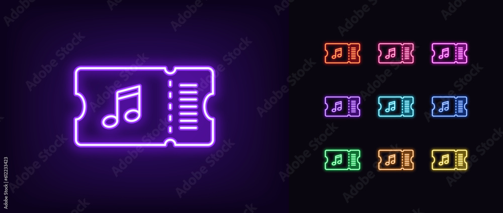 Vetor de Outline neon musical ticket icon set. Glowing neon ticket with