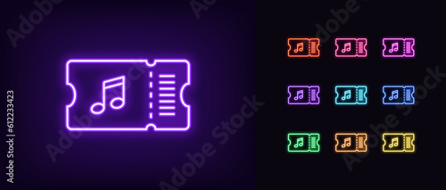 Outline neon musical ticket icon set. Glowing neon ticket with music note sign, gift coupon for sound show. Pass card for dance festival and disco party, musical concert and performance