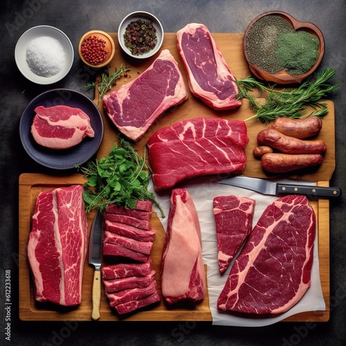 Raw beef steaks on cutting board with herbs and spices, top view created with generative AI technology