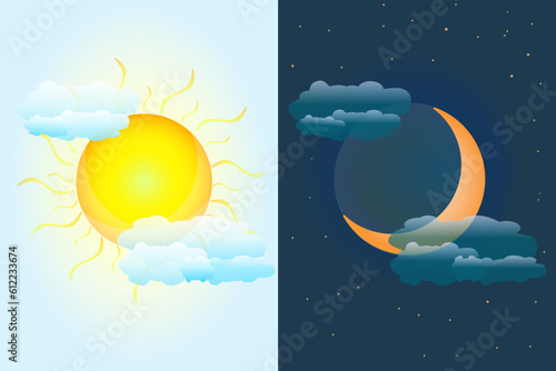 Day and night sky. Sun and moon as vernal or autumnal equinox day concept. Day and night with moon and sun. Earth seasons. Weather forecast background. International Astrology Day. Vector illustration