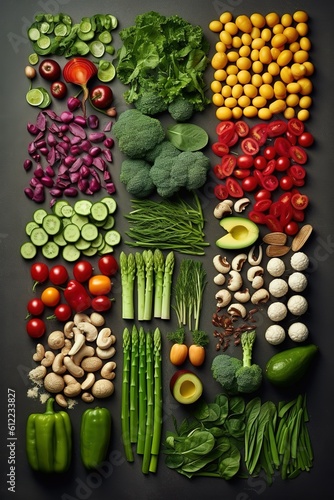 Composition with variety of fresh organic vegetables on dark background, top view created with generative AI technology