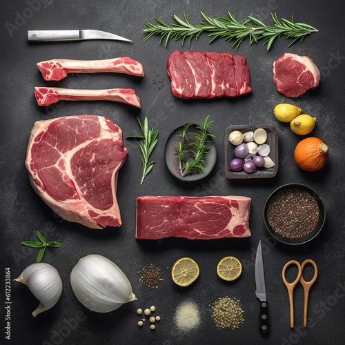 Fototapeta Naklejka Na Ścianę i Meble -  Raw beef meat with spices and herbs on black background, top view created with generative AI technology