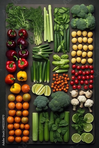Composition with variety of fresh organic vegetables on dark background, top view created with generative AI technology
