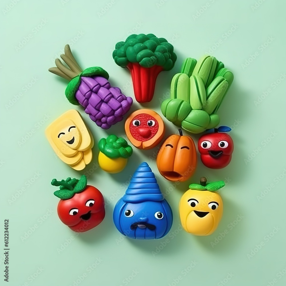 Funny fruits and vegetables made of clay. illustration art. created with generative AI technology