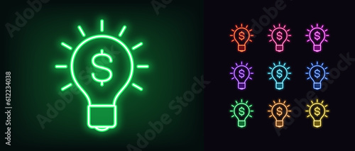 Outline neon money lamp icon set. Glowing neon lamp with dollar sign, invest money idea. Creative idea for profit startup and money earn, business innovation and investment solution