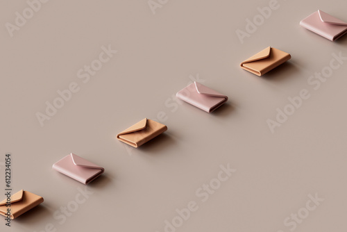 3D render of row of e-mail icons lying against brown background photo