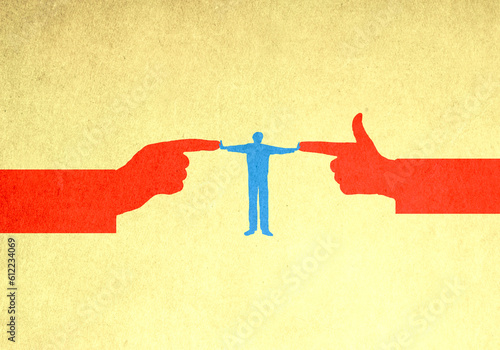 Illustration of man standing between two pointing hands