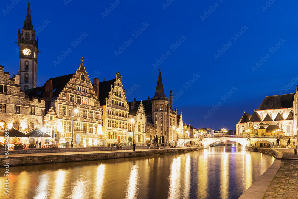 Belgium, East Flanders, Ghent, Historic houses along Graslei and Lys river at night Belgium, East Flanders, Ghent, Historic houses along Graslei and Lys river at night