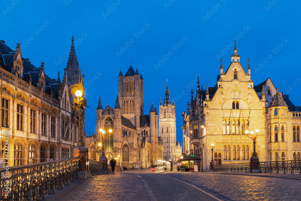 Belgium, East Flanders, Ghent, St. NicholasChurch seen from St MichaelsBridge at dusk Belgium, East Flanders, Ghent, St. NicholasChurch seen from St MichaelsBridge at dusk