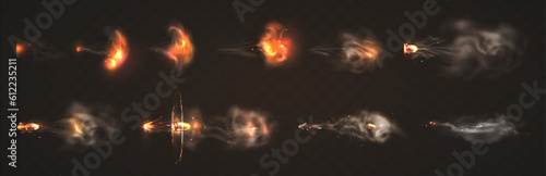 Realistic 3d flying bullets with smoke trace. Gun flashes with fire sparkles isolated on transparent background. Pistol shots clouds, muzzle shotgun explosion. Firearm projectiles, blast motion