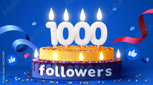 1k or 1000 followers thank you. Social Network friends, followers, subscribers and likes. Birthday cake with candles. photo