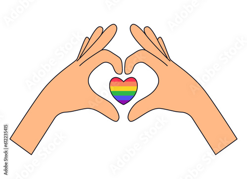 Pride LGBT symbols. Hands in the shape of heart with rainbow colors. Supporting love freedom. Flat vector illustration.