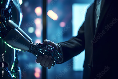 businessman and a robot shake hands, symbolizing the harmonious partnership between humans and technology in the modern world. Generative AI