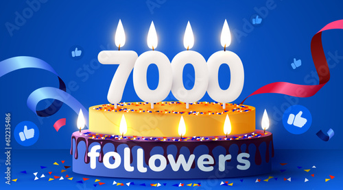 7k or 7000 followers thank you. Social Network friends, followers, subscribers and likes. Birthday cake with candles. photo