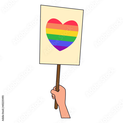 Pride LGBT symbols. Hand holds poster with heart in rainbow colors. Supporting love freedom. Flat vector illustration.