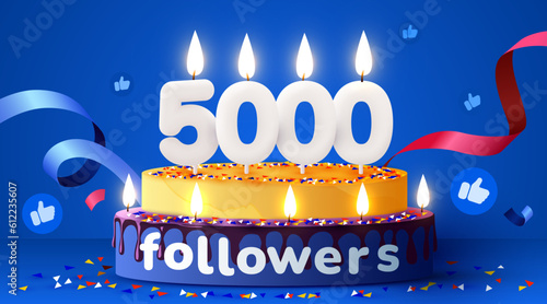 5k or 5000 followers thank you. Social Network friends, followers, subscribers and likes. Birthday cake with candles.