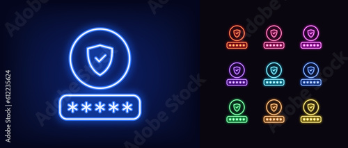 Outline neon password check icon set. Glowing neon password input with shield sign, safe login in user account. Strong password and protection guarantee, secure account access in profile