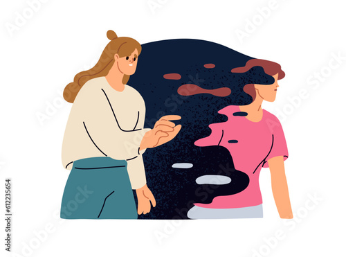Friend loss. Sad woman missing dead gone departed person, losing relationship, partner. Death and breakup, friendship end concept. Flat graphic vector illustration isolated on white background