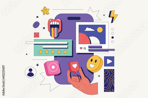 Social media web concept scene. Make new post with photo, sharing links with friends, gets messages. Vector illustration for marketing material.