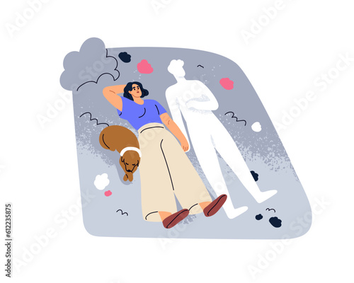 Missing departed dead husband, lost left love partner. Sad woman recollecting, remembering, imagining spouse. Couple loss, death concept. Flat graphic vector illustration isolated on white background