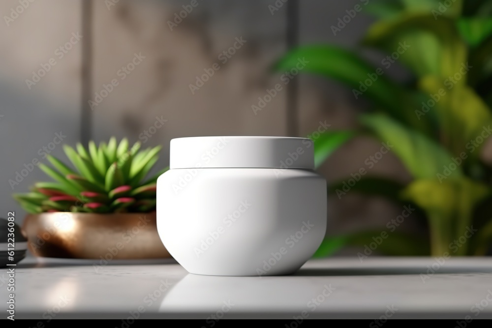 Blank White Cosmetic Jar Mockup Template with a Room Background Featuring a Desk and Plants, Adding a Touch of Sophistication Blank White Cosmetic Jar Mockup Template with a Room Background Featuring a Desk and Plants, Adding a Touch of Sophistication
