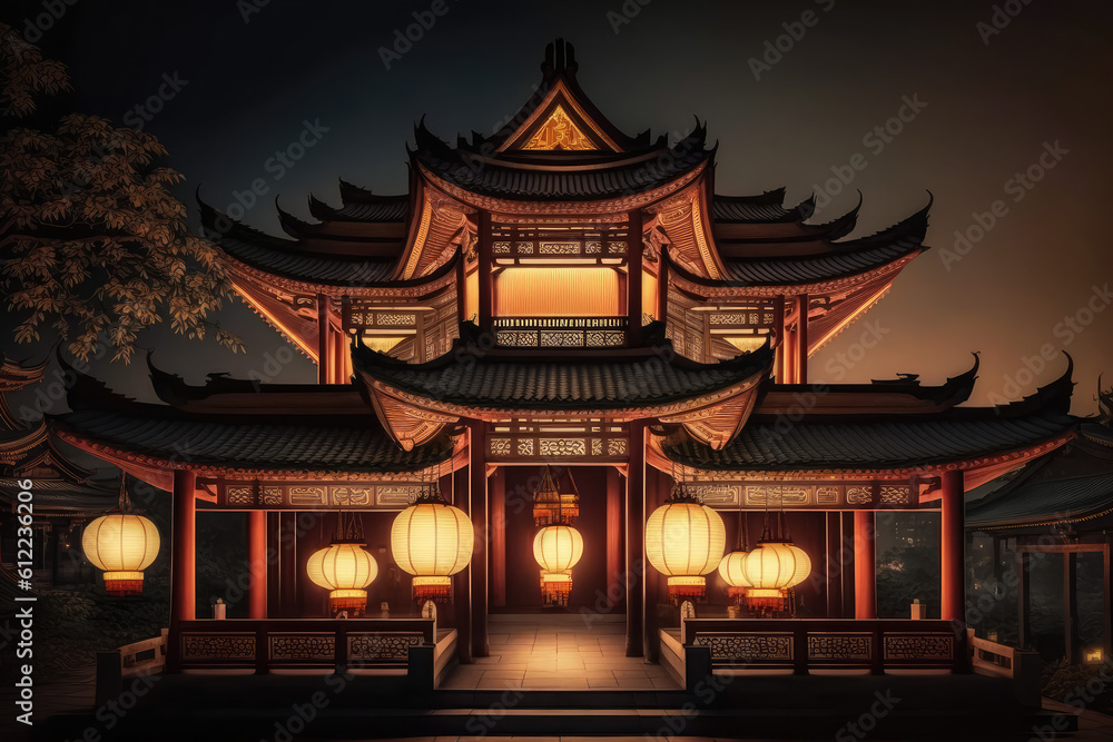 Traditional Chinese Buddhist Temple at night illuminated for the Mid-Autumn festival. Traditional Chinese lanterns display in Temple illuminated for Chinese new year festival., generative AI	
