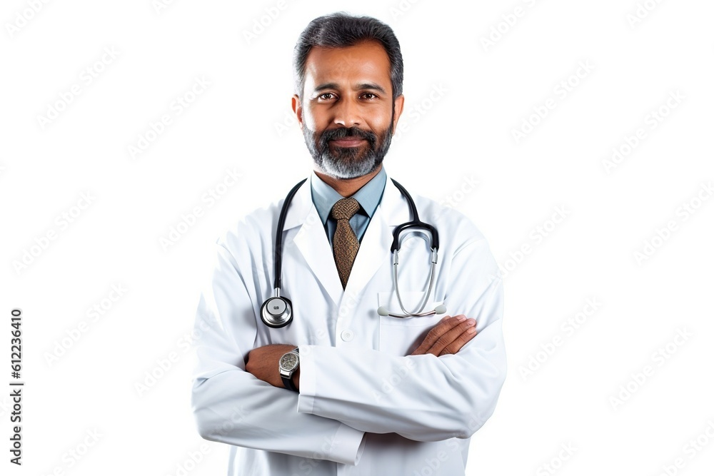 Medical Professional, Indian Doctor with Stethoscope on a Clean White Background, Exuding Confidence and Care Medical Professional, Indian Doctor with Stethoscope on a Clean White Background, Exuding Confidence and Care