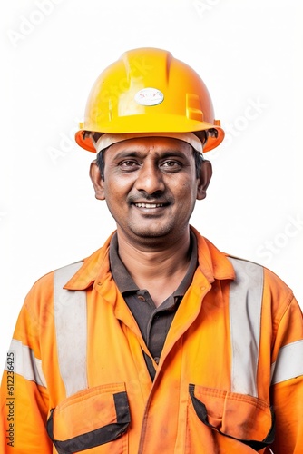 a construction worker with a radiant portrait of a happy Indian worker in uniform against a pristine white background