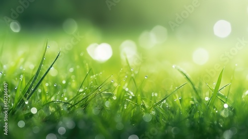 Blurred Green Background with Dewy Grass, Embracing the Tranquility and Freshness of a Peaceful Morning