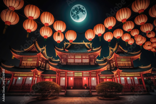 Traditional Chinese Buddhist Temple at night illuminated for the Mid-Autumn festival. Traditional Chinese lanterns display in Temple illuminated for Chinese new year festival., generative AI 
