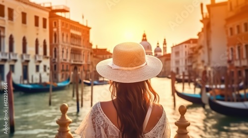 Elegant Woman Wearing Straw Hat, Smiling Happily on a Canal Bridge at Sunset in Venice, Italy - Capturing the Essence of Travel, Vacation, and Enriched Lifestyle © Yash