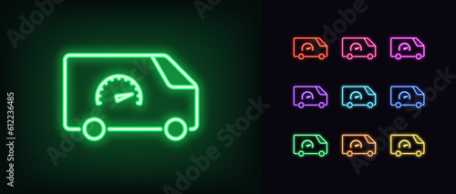 Outline neon express delivery icon set. Glowing neon minivan with speedometer sign, fast delivery service. Auto courier service, high speed shipment, world express shipping, fast van