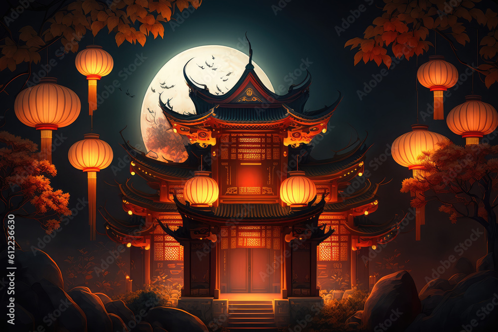 Traditional Chinese Buddhist Temple at night illuminated for the Mid-Autumn festival. Traditional Chinese lanterns display in Temple illuminated for Chinese new year festival., generative AI	
