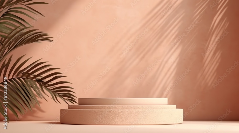 podium stone display on brown background. Beige rock, cosmetic beauty product promotion pedestal with sun shadow. podium stone display on brown background. Beige rock, cosmetic beauty product promotion pedestal with sun shadow.