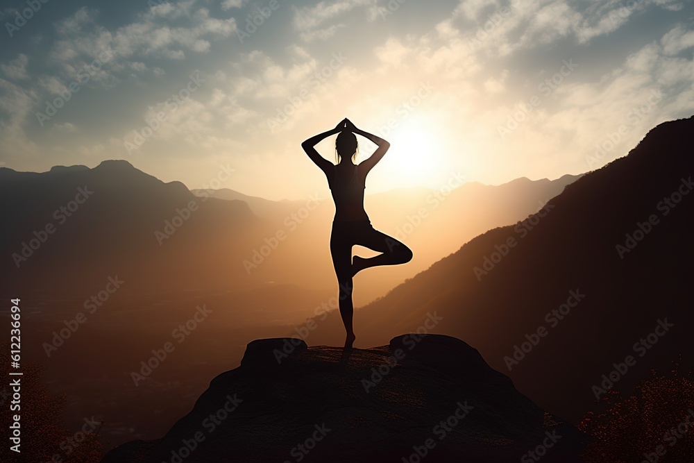 silhouette of a person in yoga position, mountain, morning, evening