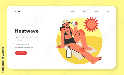 Girl drinking water at beach web banner or landing page. Young female