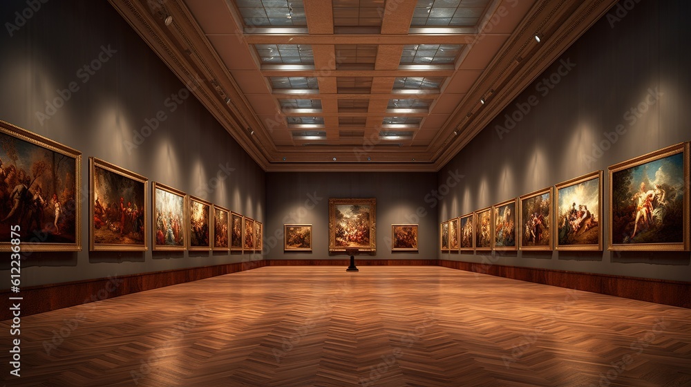 Expansive Hall Illuminated by a Dazzling Array of Paintings, Uniting in a Captivating Exhibition of Aesthetic Diversity and Creative Brilliance