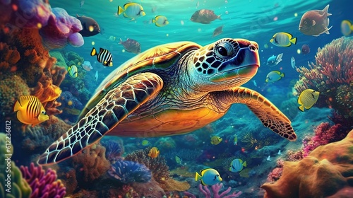 Digital Art Depicting a Majestic Sea Turtle Swimming in Vibrant Waters
