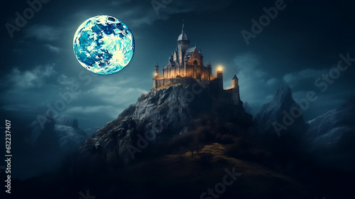 Fantasy castle on the mountain with big moon illuminating. Generative ai.