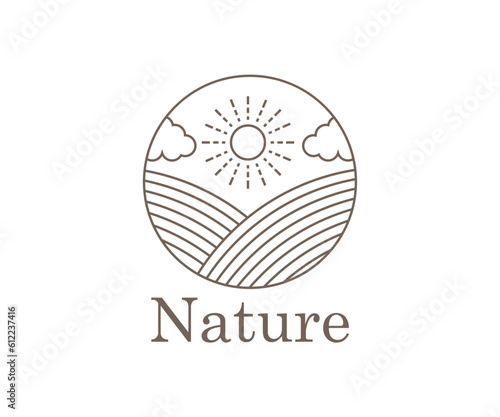 logo vector illustration of rice field and sun landscape.
