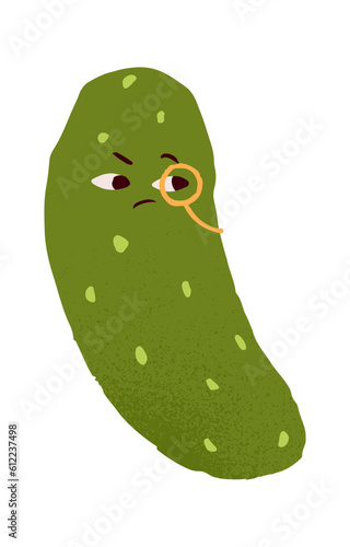 Suspicious sceptical cucumber with distrustful face expression, doubting emotion. Funny discontent vegetable character with monocle eyeglass. Flat vector illustration isolated on white background