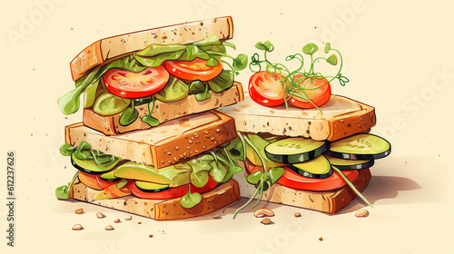 Illustration vegan  sandwiches with vegetables and microgreens on a light background  close-up. AI generated  