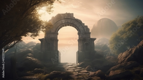 Fantasy landscape with a portal archway. Ancient magical stone gate show another dimension reality. Generative ai.