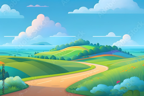 Summer fields with Road hills landscape green grass blue sky with clouds cartoon style painting illustration created with Generative AI technology