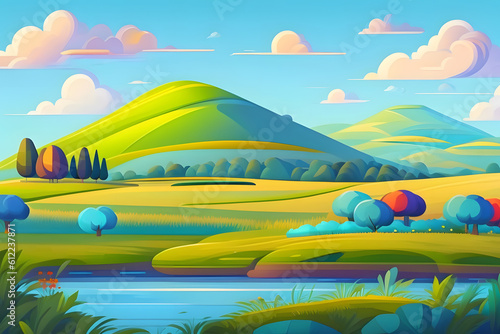 Summer fields with ponds landscape green grass blue sky with clouds cartoon style  painting illustration created with Generative AI technology