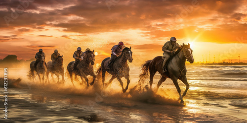 Horse race on the seashore at sunset. Generative AI © Farnaces
